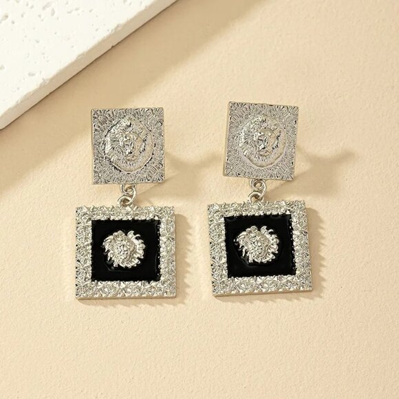 3/$35 Retro Roman Style Silver Black Quadrilateral Lion Patchwork Earrings - Picture 5 of 8